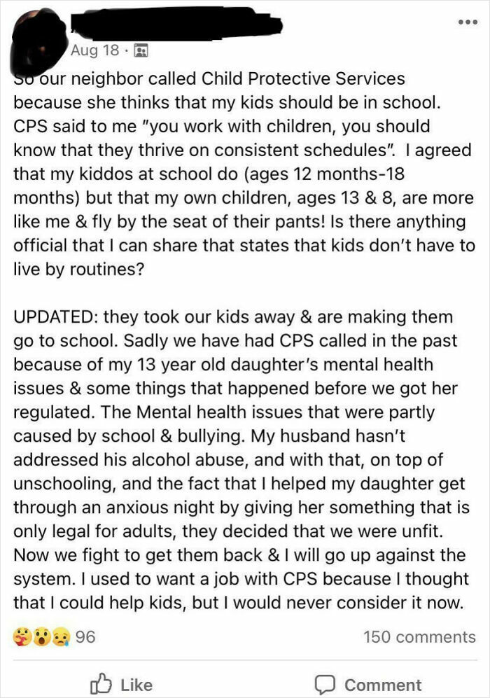 Text post in a mom group discussing Child Protective Services' actions, sparking confusion online.