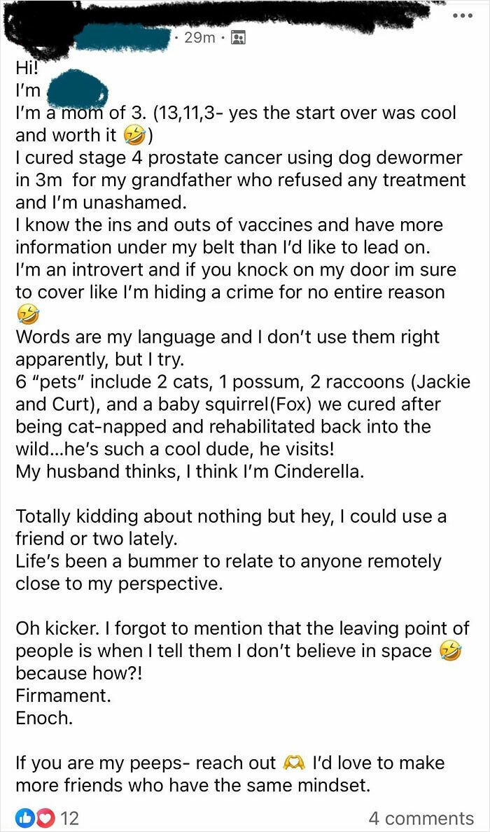 A post from a mom group sharing unhinged and confusing personal stories and perspectives.