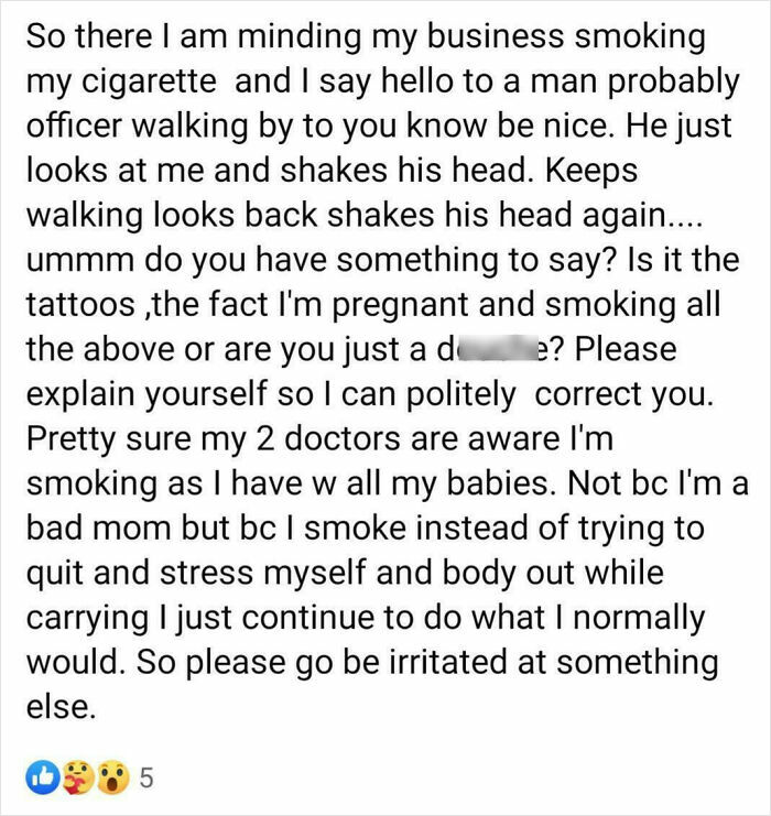 Confusing mom group post about smoking while pregnant, defending choices, and addressing judgmental looks from a passerby.