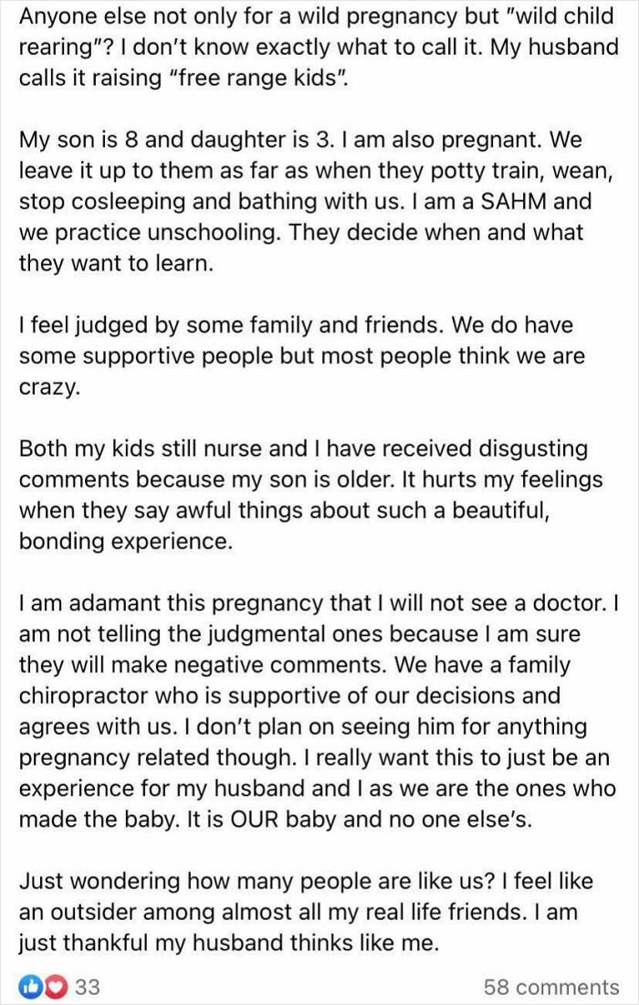 Unusual parenting post in a mom group discussing wild pregnancies and free-range kids, sparking confusion online.