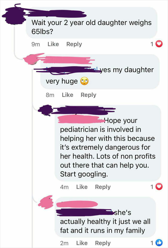 Unusual mom group post conversation about a child's weight and health concerns.