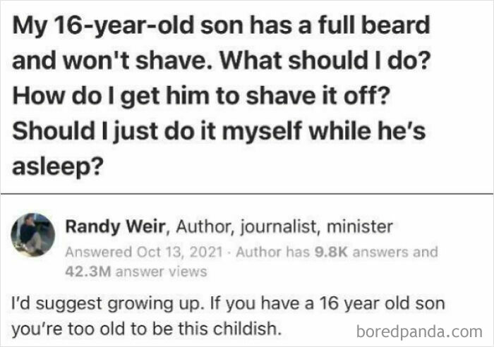 A post from a mom group with a reply about a teenager's beard and shaving issue involving parental concern.