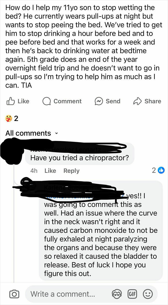 Mom group post with bedwetting advice and comments suggesting a chiropractor for solutions.