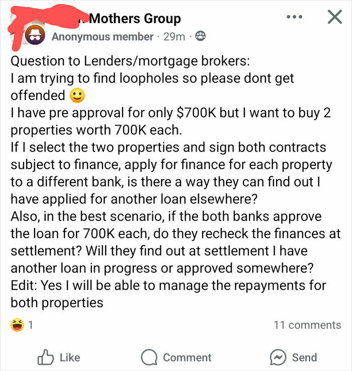 Anonymous post in mom group about mortgage loopholes for buying two properties.