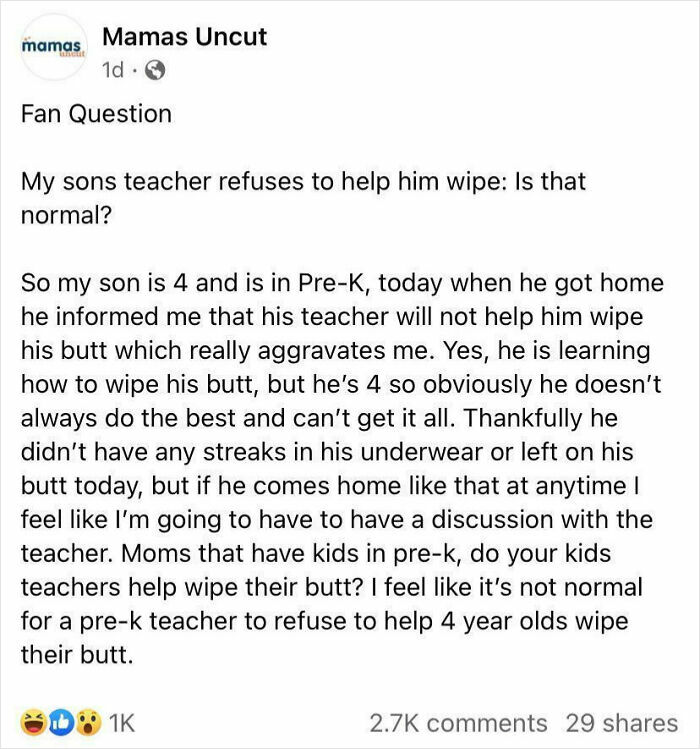 Facebook post about a mom questioning Pre-K teacher's role in helping her child wipe, sparking confusion among parents.