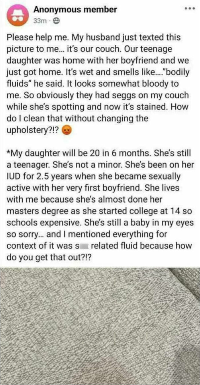 Anonymous post discussing a couch stain and teenager issues, part of unhinged mom group conversations.