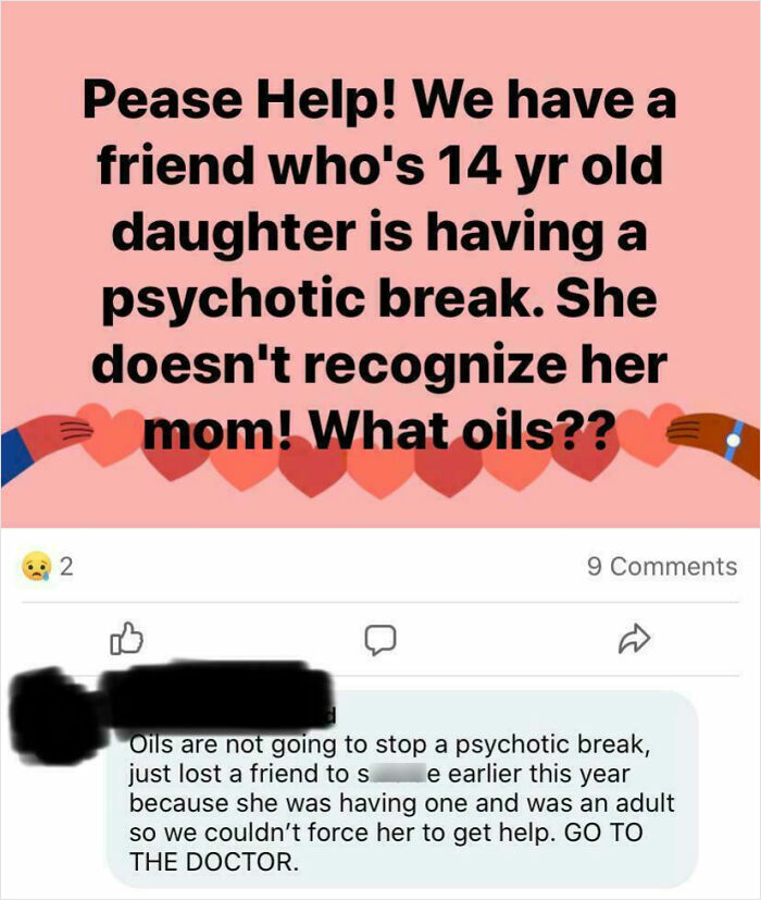 Mom group post about a daughter having a psychotic break, asking for essential oils, with a concerned response.