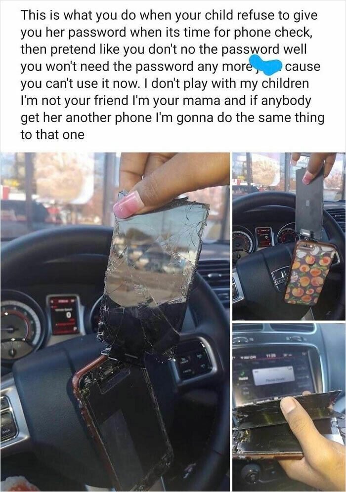 Broken phone held in hand, highlighting a dramatic action from mom groups, leaving internet users puzzled.