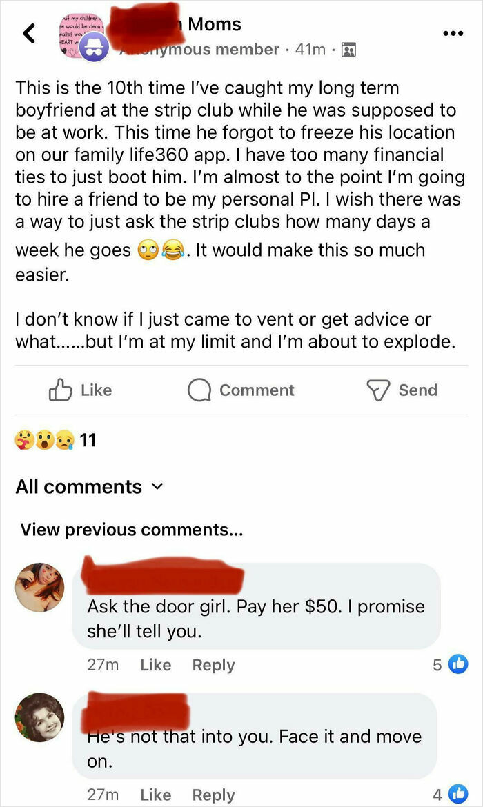 Unhinged post in a mom group discussing relationship issues and seeking advice on a partner's frequent club visits.