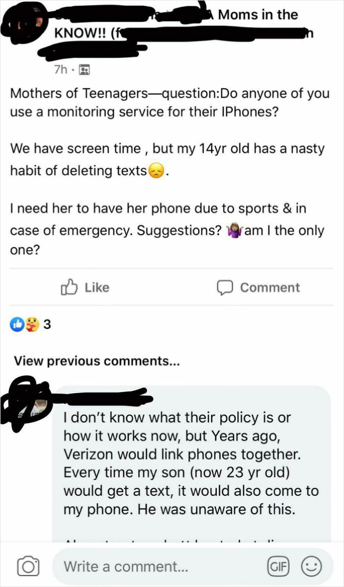 Mom group post about monitoring teens' iPhones, seeking advice on managing text deletions for emergencies and sports activities.