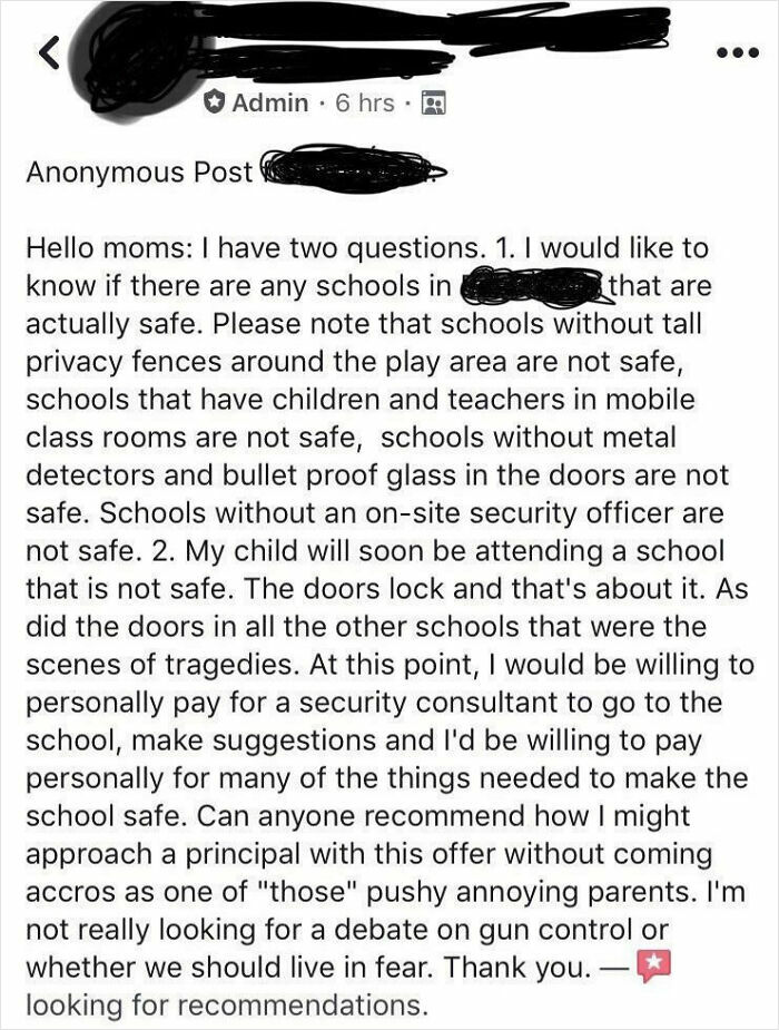 Anonymous post in a mom group discussing school safety concerns and seeking recommendations.