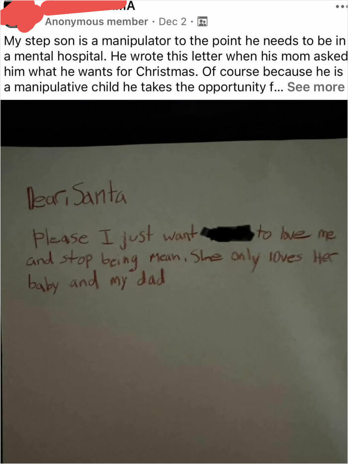 Child's letter to Santa requesting love and kindness, shared in a mom group post.