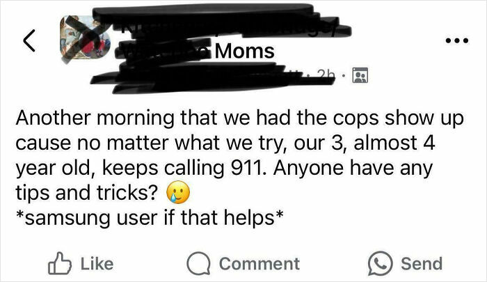 Confusing post from a mom group about a child repeatedly calling 911, seeking advice, mentions Samsung user.