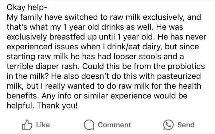 Text from a mom group post discussing raw milk and a child's reaction, seeking advice on looser stools and diaper rash.