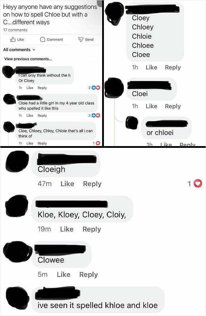 Creative spelling suggestions for "Chloe" in a mom group discussion.