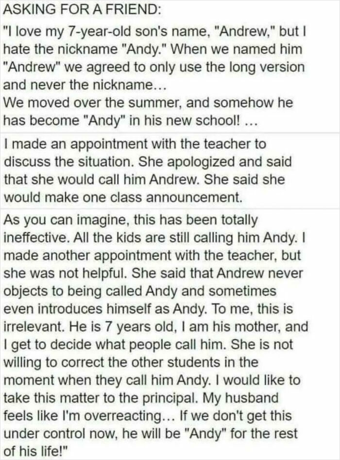Mom group post about a child's nickname causing confusion.