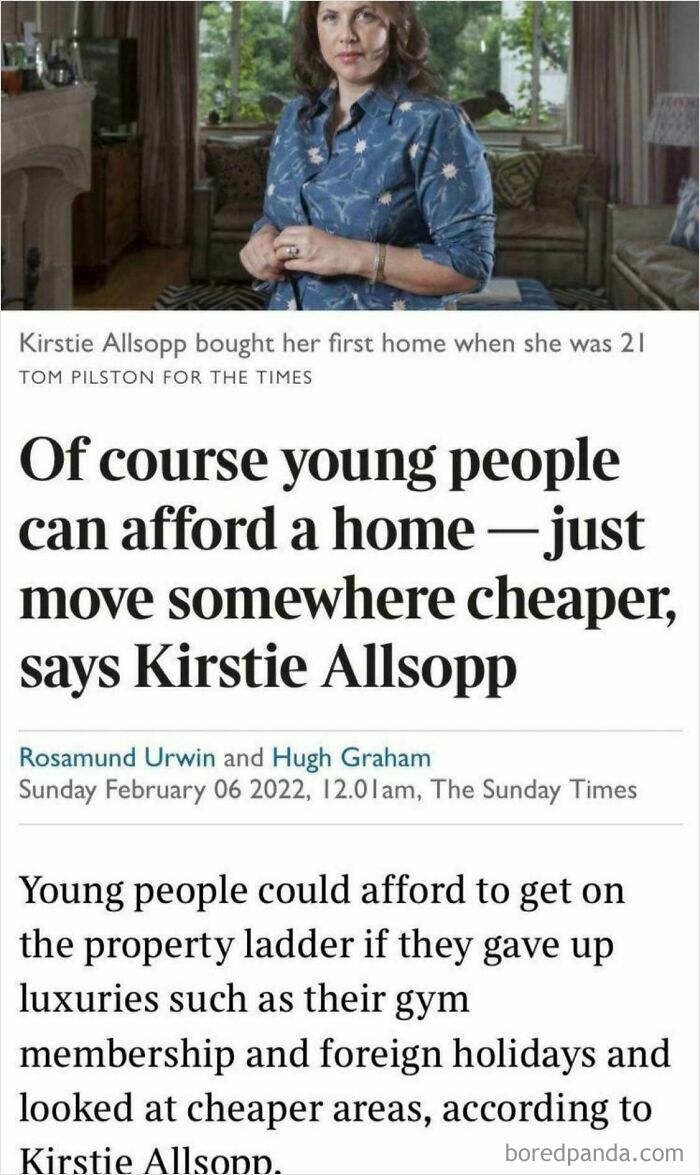 Rich people shamed; headline: Young can afford homes by choosing cheaper areas, remarks on spending habits.