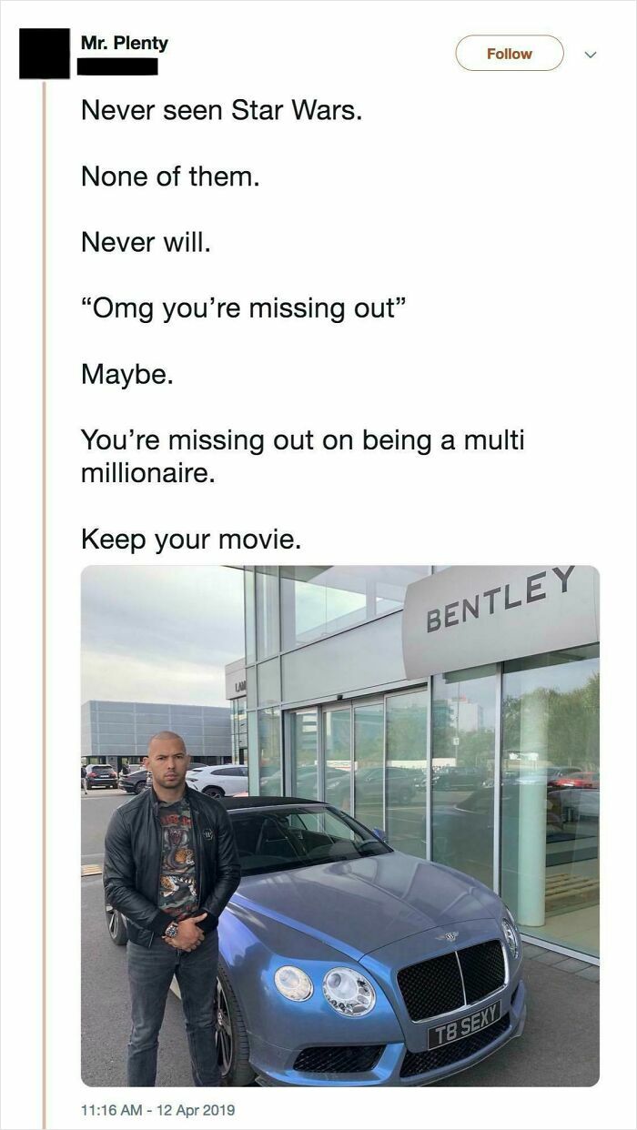 Rich person standing by a Bentley, showcasing wealth with a dismissive comment towards cultural trends.