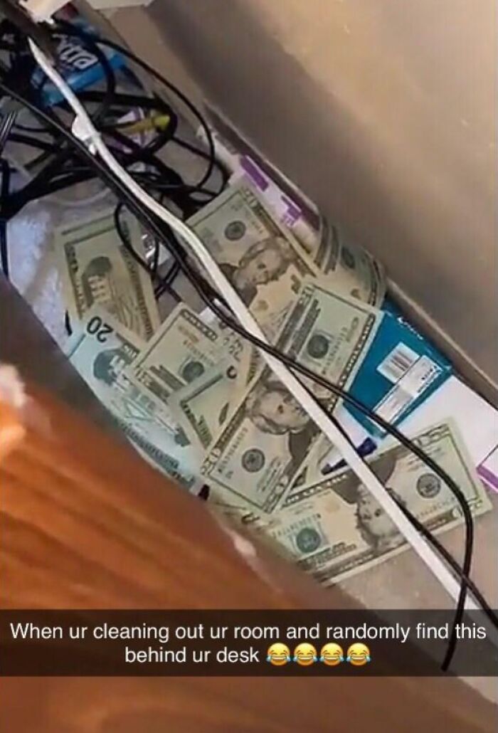 Hidden cash piles found behind a desk, sparking online shaming of rich people.