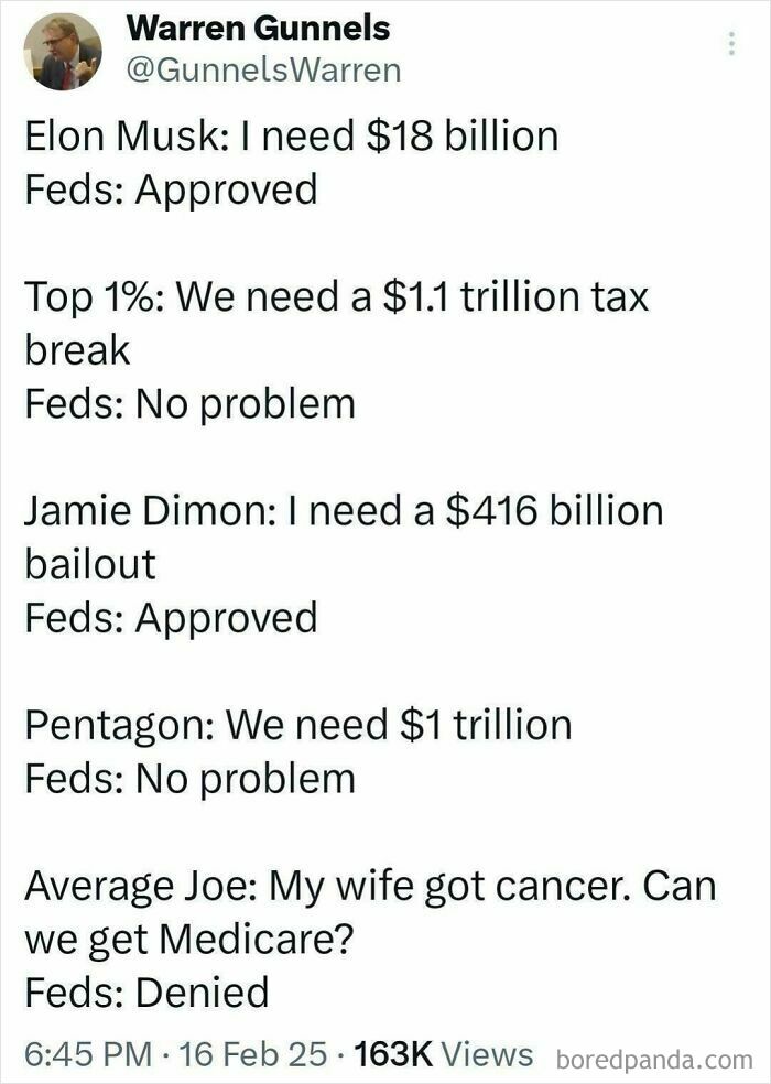 Tweet discussing disparities in financial approvals, highlighting that the wrong people have money.