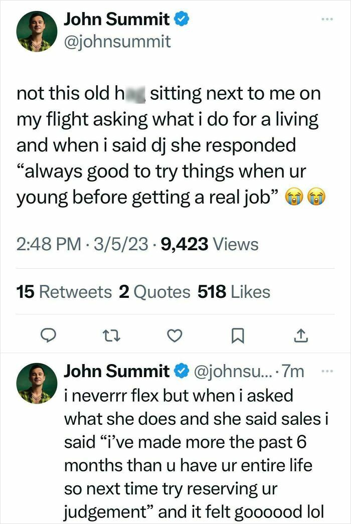 Rich person shamed online for questioning DJ's career as a real job during a flight conversation.