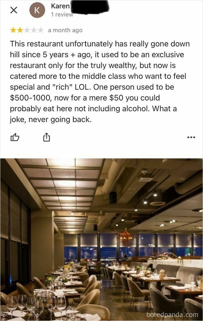 Restaurant review highlighting exclusivity and cost, discussing wealthy clientele and changes in pricing.