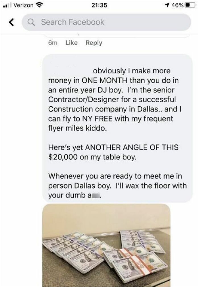 A message bragging about wealth with a photo of stacked $100 bills, linked to shaming rich people online.