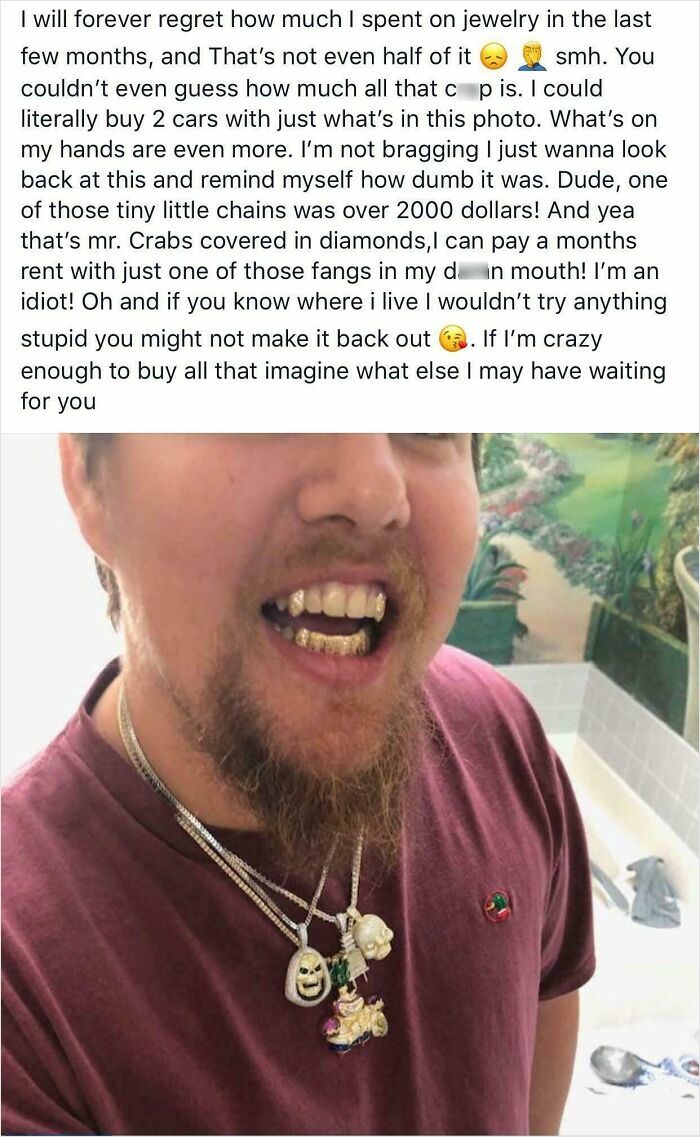 Man wearing excessive jewelry and gold grill, showcasing a wealth display.