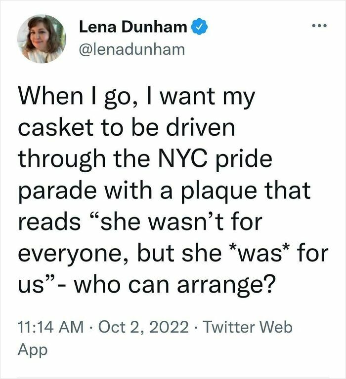 Tweet discussing future NYC pride parade casket request, linked to rich people being shamed.