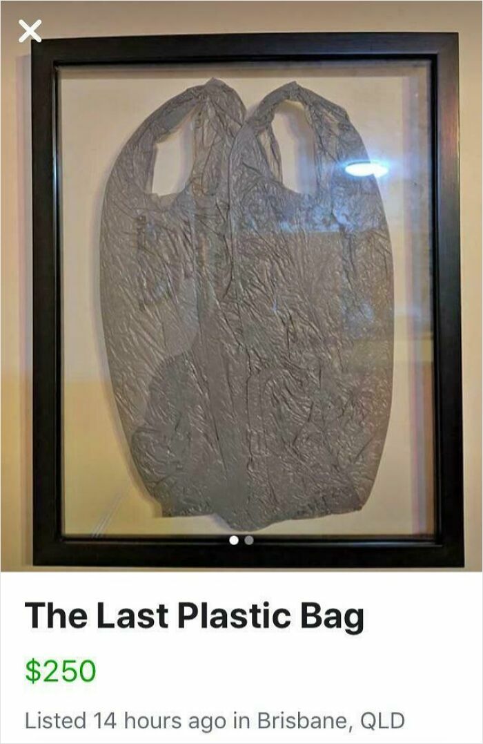 Framed plastic bag listed for $250 on Facebook Marketplace.