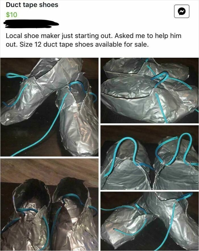 Duct tape shoes with blue laces for sale on Facebook Marketplace, showcasing creative homemade footwear.