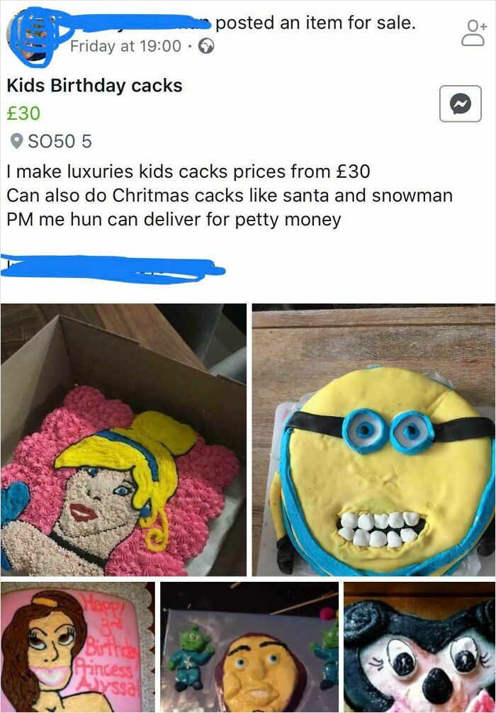 Homemade cartoon-themed cakes on Facebook Marketplace listing.