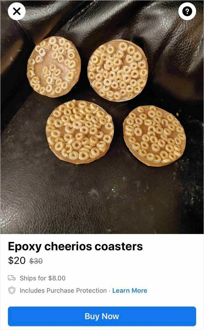Epoxy Cheerios coasters listed on Facebook Marketplace, priced at $20.