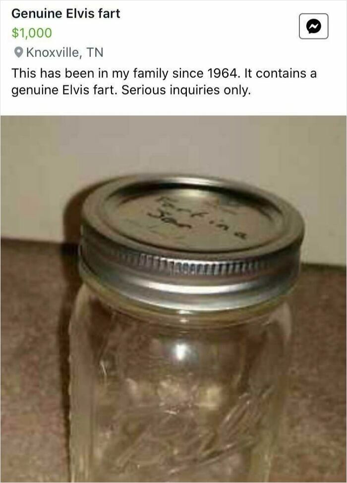 A jar labeled "Genuine Elvis fart" listed for $1,000 on Facebook Marketplace as garbage for sale.