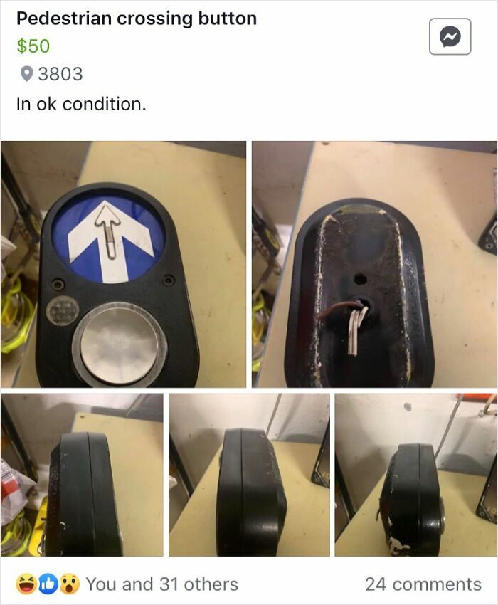 Pedestrian crossing button listed for $50 on Facebook Marketplace, shown in various angles and described as in OK condition.