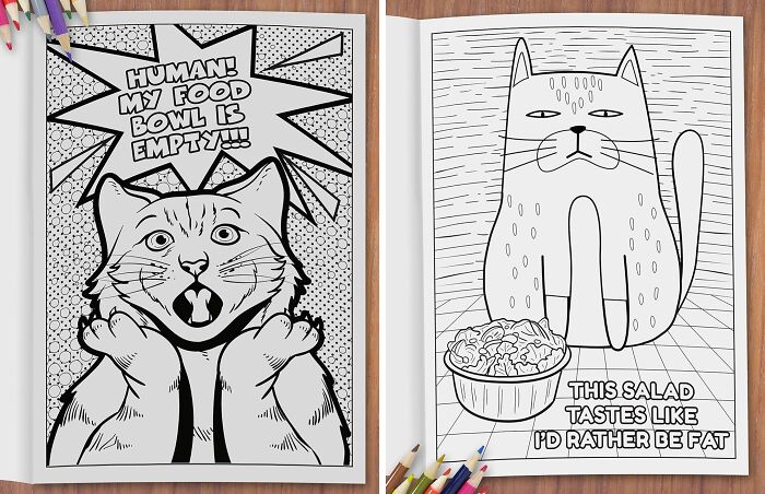 Cat-themed coloring book pages with humorous captions, perfect as unique Amazon finds.