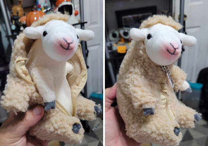 Plush sheep toy with a zippered coat, an Amazon find perfect for quirky decor.