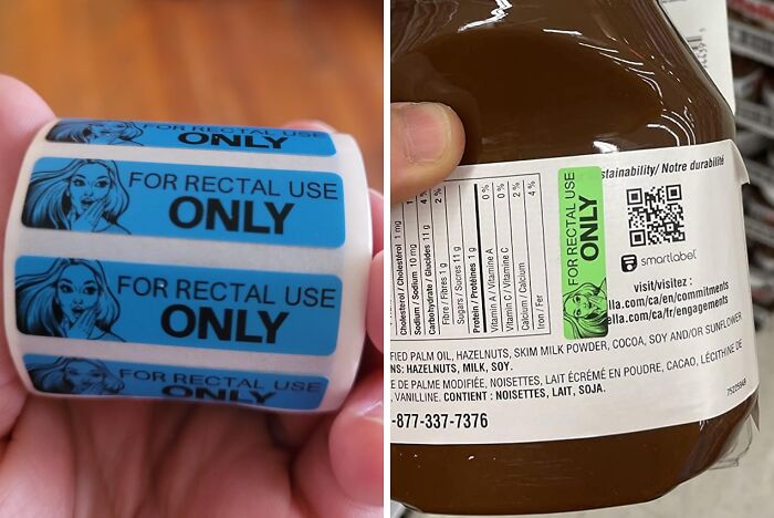 Roll of labels and jar with "For Rectal Use Only" stickers, from amusing Amazon finds.