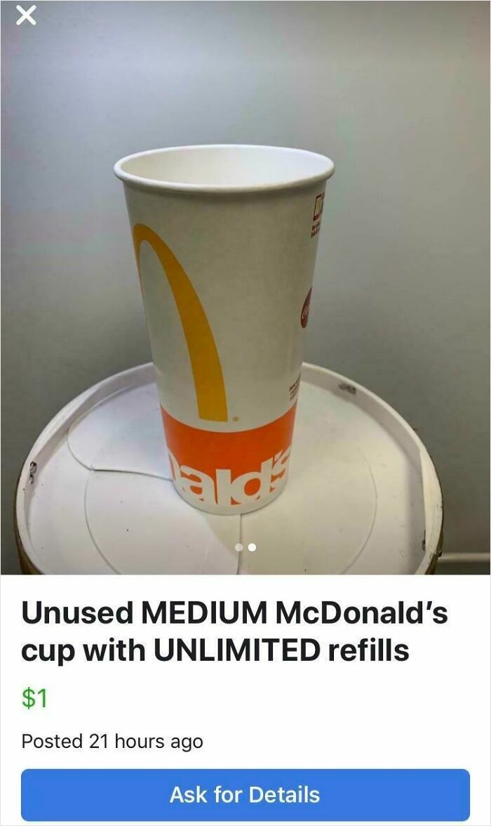 McDonald's cup listed for sale on Facebook Marketplace, described as unused with unlimited refills.