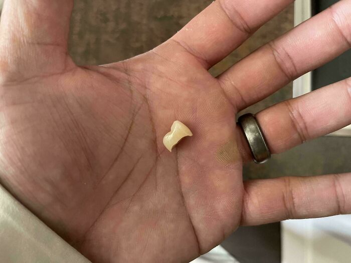 Close-up of a hand holding a broken piece in the palm, illustrating a bad day moment.