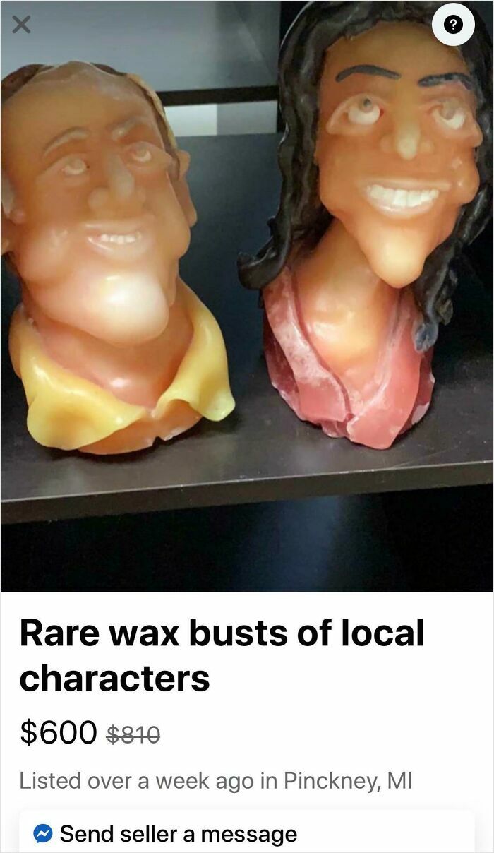 Wax busts of two local characters for sale on Facebook Marketplace, priced at $600, previously $810.