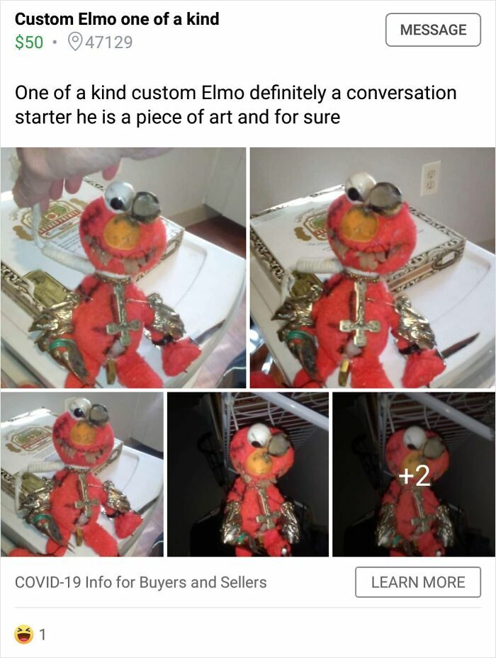 Custom Elmo doll with mixed materials and added accessories for sale on Facebook Marketplace.