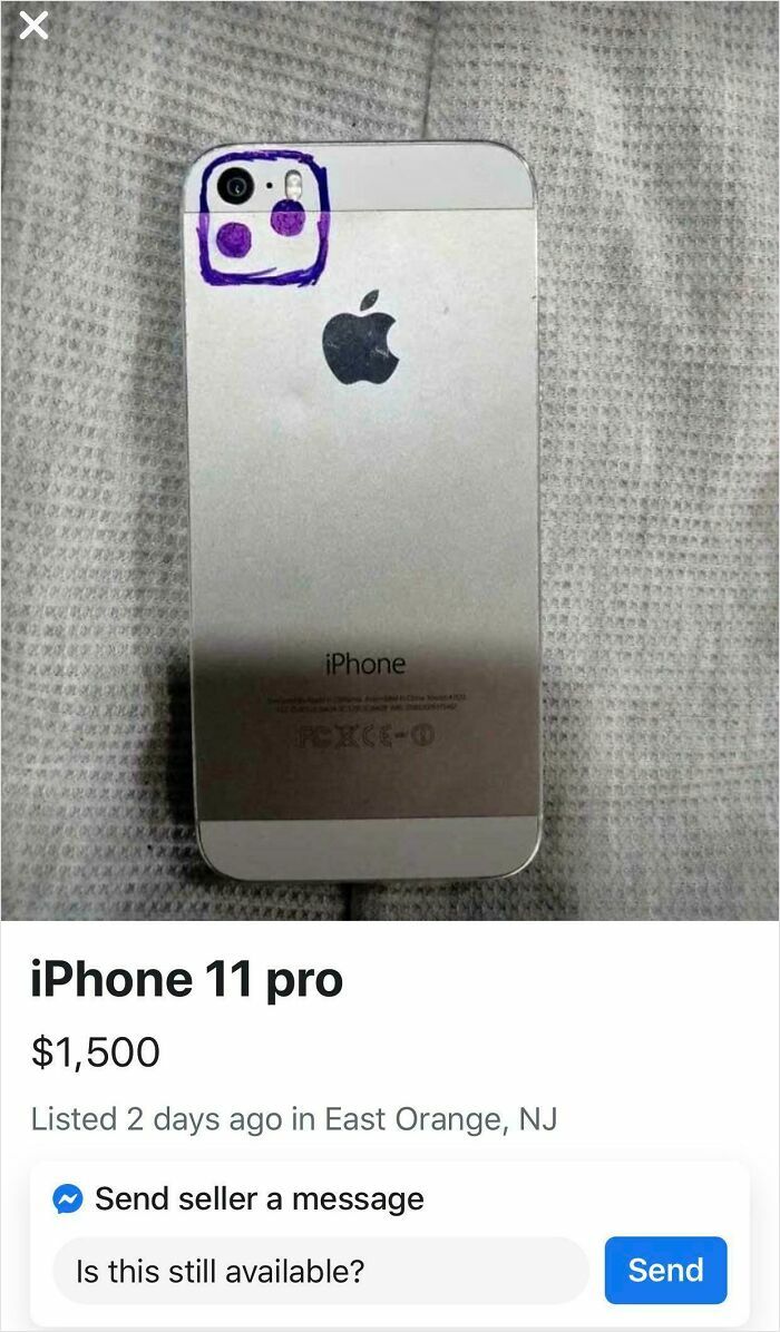 "Old iPhone listed as iPhone 11 Pro on Facebook Marketplace, price $1,500, East Orange, NJ."