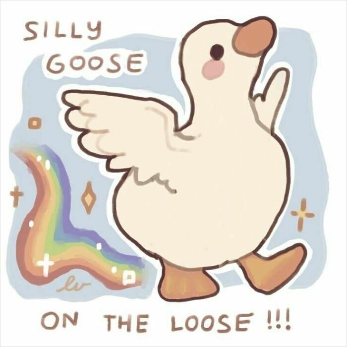 Cartoon of a silly goose with wings spread, walking and text saying "on the loose," featuring humorous random meme elements.