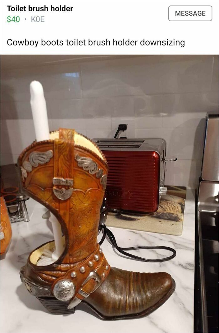 Cowboy boot toilet brush holder, an unusual piece found on Facebook Marketplace.