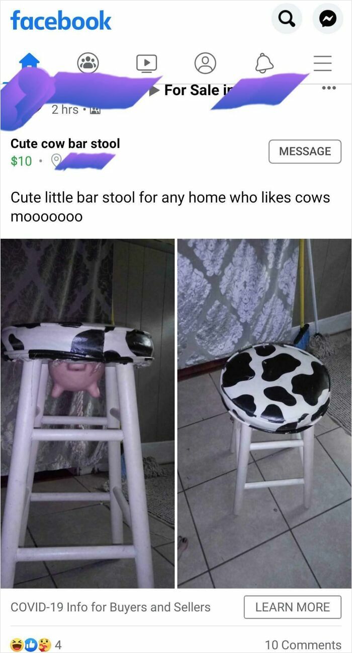 Cow-patterned bar stool for sale on Facebook Marketplace, featuring a quirky design with white legs.