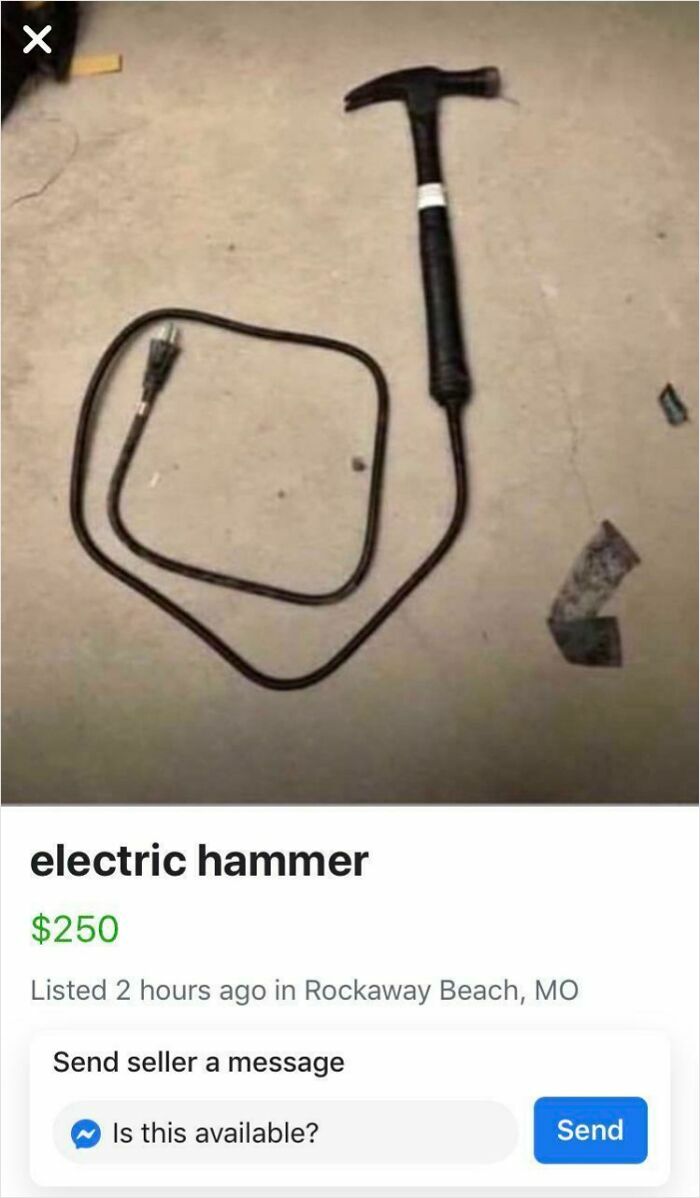 Electric hammer listed for sale on Facebook Marketplace, featuring a standard hammer with an attached cable.