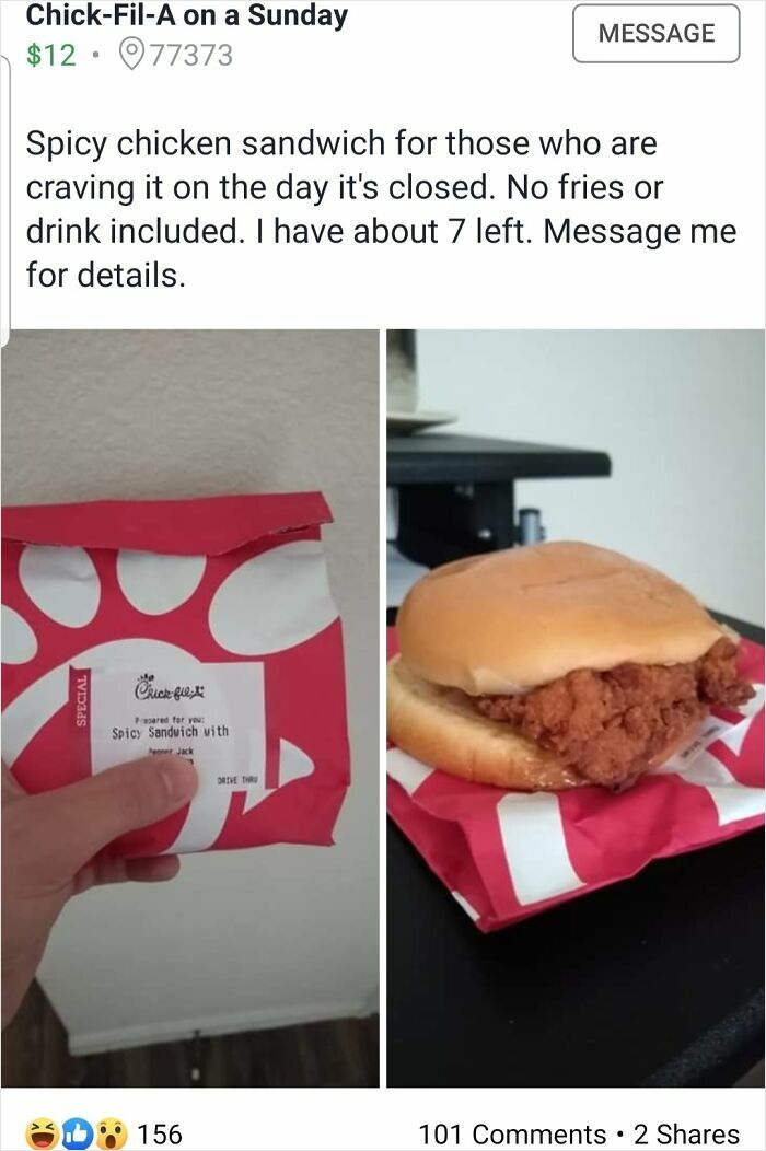 Facebook Marketplace listing for Chick-fil-A spicy sandwich on a Sunday, $12 with seven available.