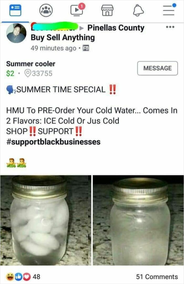 Mason jars with ice and water being humorously sold as a summer cooler on Facebook Marketplace.