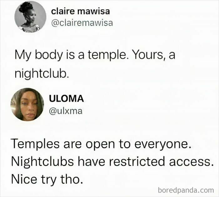 Humorous meme exchange about bodies being temples vs nightclubs.